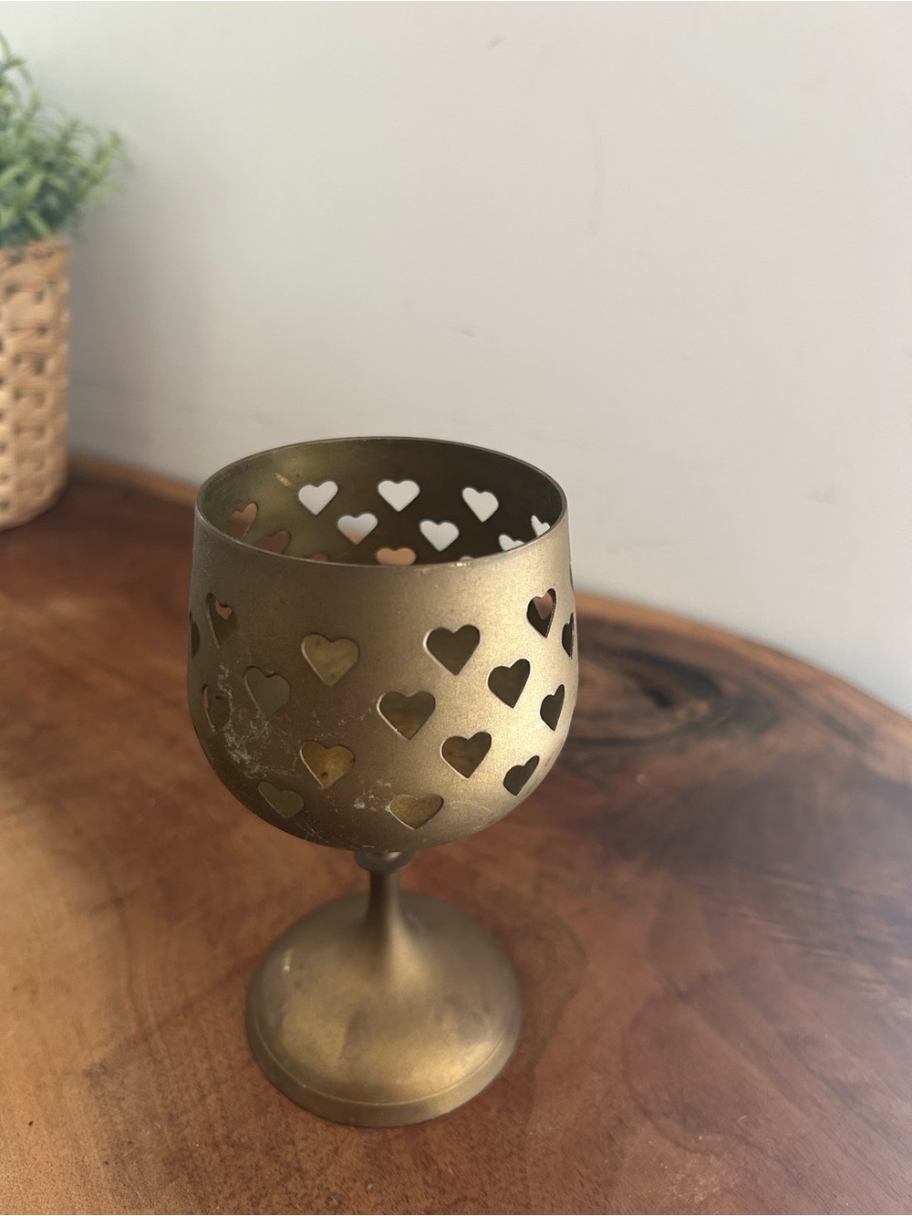 Vintage Brass Pedestal Candleholder Goblet Heart cuts 5.5”H